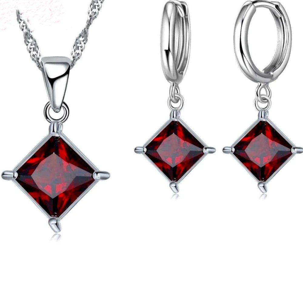 ⭐4pc Bundle Ruby Princess Cut  Pendant And Earrings w/ 18" Chain Sterling Silver